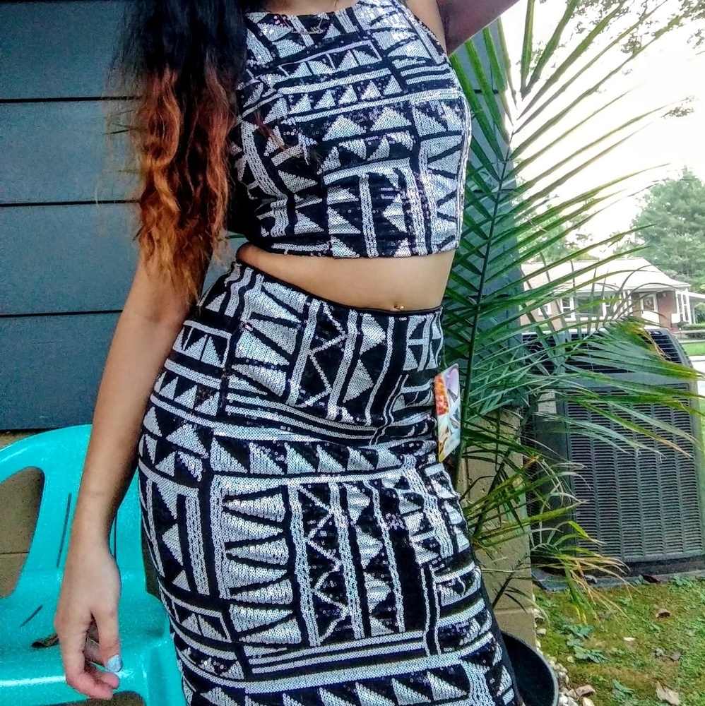 Two Piece Sequin Skirt Set